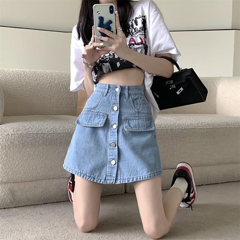 MY10210#高腰浅兰牛仔短裙女新款a字裙显瘦百搭包臀半身裙子女裝貨源服...
