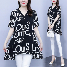 批发大码女装2022夏季新款字母<b class='q'>印花</b>中长款遮肚显瘦休闲简约上衣