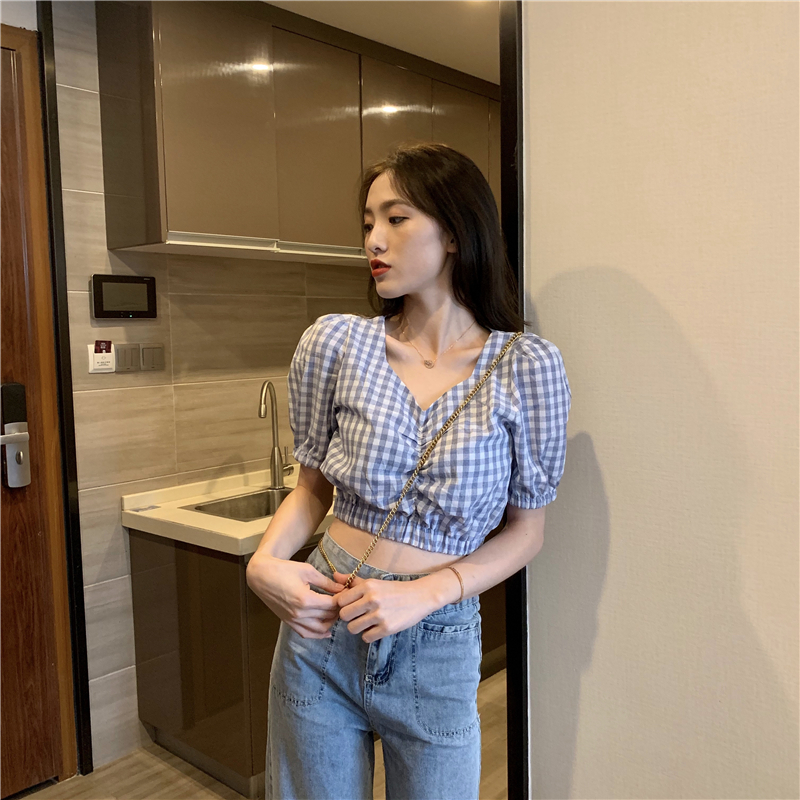 실사 정가 아메리칸 거품 소매 쇼트 스타일 몸매 가꾸기 슬림해 보이는 맨위 격자 무늬 셔츠
