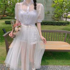 批发实拍实价 港味性感超仙透视<b class='q'>新娘</b>婚礼网纱衬衣领连衣裙送皮带