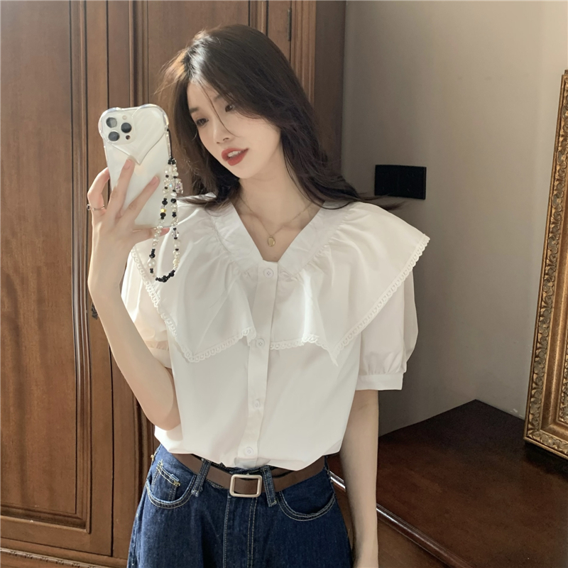 실사 정가 화이트 레트로 디자인 센스 작은 대중 거품 소매 맨위 프랑스식 Chic 베이비 칼라 반팔 셔츠