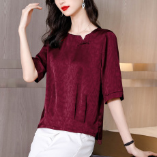 批发实拍妈妈夏装短袖上衣中年<b class='q'>真丝</b>上衣小衫中老年女装母亲节洋气衣服