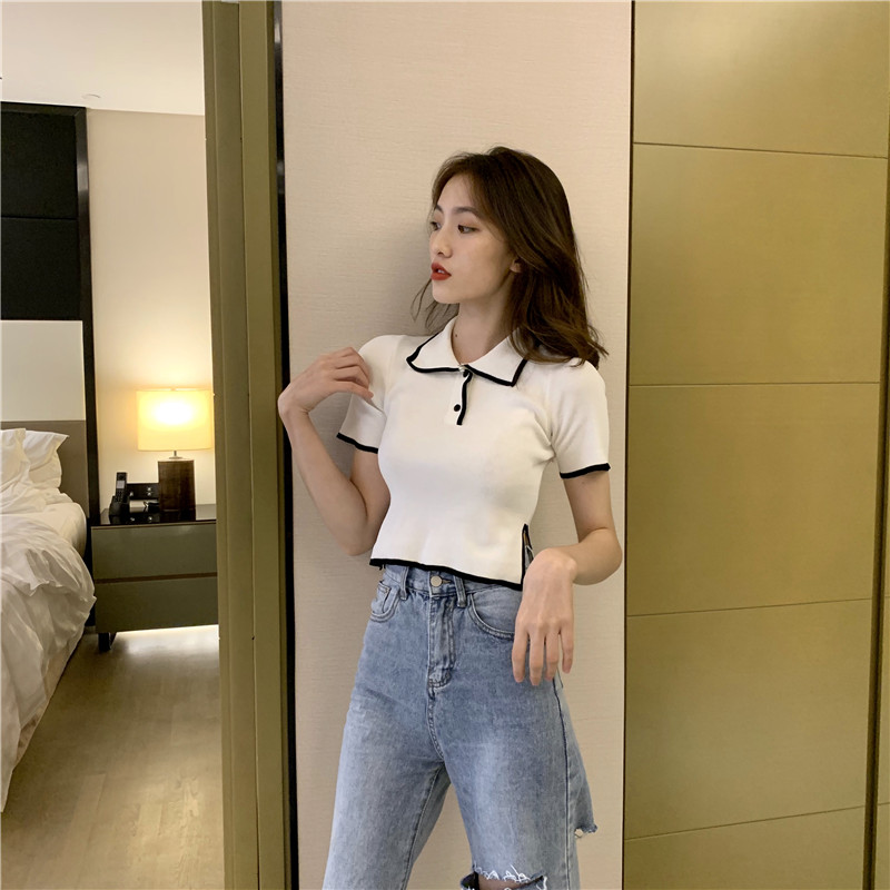 실사 정가 배색 측면 POLO 칼라 반팔 니트 스웨터 여성 한국 스타일 미니멀리즘 몸매 가꾸기 쇼트 스타일 맨위