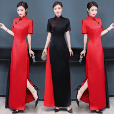 批发春夏新款<b class='q'>长款</b><b class='q'>旗袍</b>走秀演出服黑色改良连衣裙中国风舞台装修身显瘦