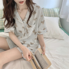 批发实拍实价短袖格子<b class='q'>睡衣</b>ins印花小熊卡通可爱对襟家居服夏季女