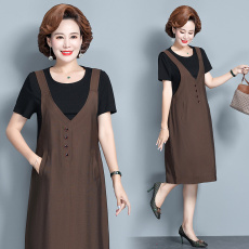 批发假两件背带棉麻连衣裙女2023年<b class='q'>夏</b>季新款流行休闲薄款妈妈长裙子