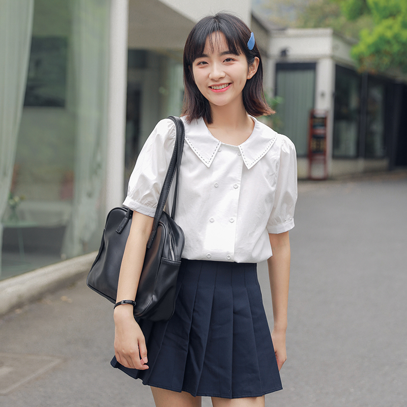 2026 실사 새로운 학원 스타일 프릴 칼라 이중 버튼 화이트 반팔 셔츠 여성 셔츠