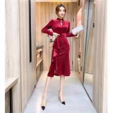 批发实拍2026春季时尚立领不规则荷叶边礼服长裙紧身包臀<b class='q'>连衣裙</b>