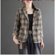 批发春季新款文艺复古新款格子全棉<b class='q'>西服</b>短款外套<b class='q'>女士</b>宽松百搭显瘦上衣