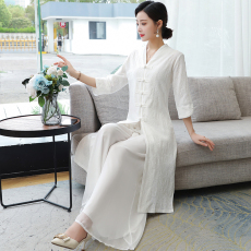 批发实拍禅服女春夏改良旗袍中国风文艺复古盘扣年轻款茶服连衣裙套装