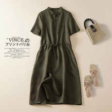 批发实拍2026年夏季新款连衣裙女夏季宽松系带显瘦大码短袖衬衫中长裙