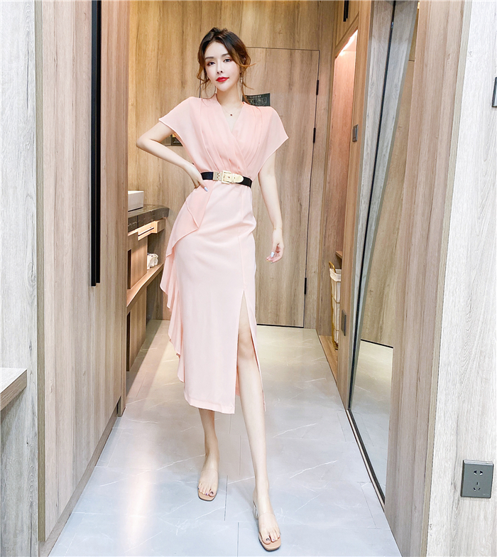 RY2745# 实拍2026夏季时尚洋气女装v领不规则开叉飘逸长裙包臀收腰...