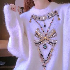 批发网红新款轻奢重工手工镶钻宝石钉珠<b class='q'>中长款</b>套头时尚小香风毛衣