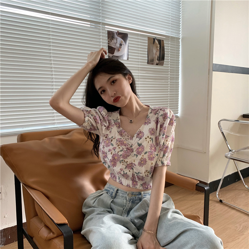 실사 정가 여름 한국 스타일 프린트 홀로우 아웃 자수 거품 소매 하이웨이스트 쇼트 스타일 맨위