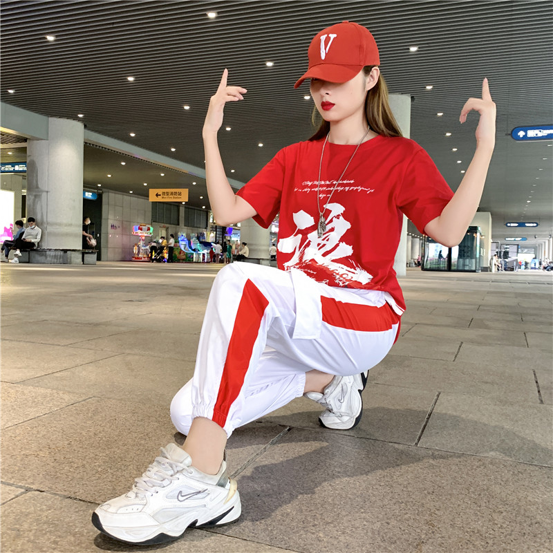 夏女速干裤跳舞长裤薄款飘带工装裤束脚哈伦裤套装曳步舞广场舞潮