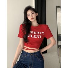 批发实拍港风字母印花系带抽绳螺纹棉垫肩短袖T恤ins修身短款露脐<b class='q'>上衣</b>