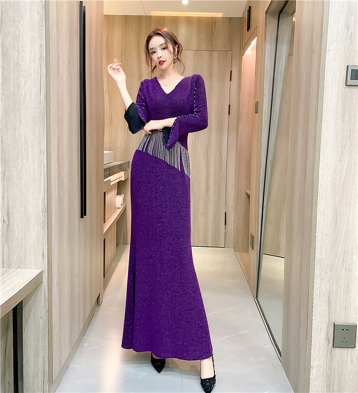 MY16343# 时髦洋气设计感钉珠亮丝长裙礼服包臀连衣裙女裝貨源服裝批發