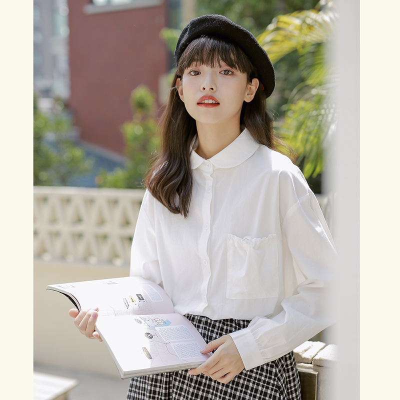 2026 실사 봄 가을 새로운 학원 스타일 라운드 넥 화이트 긴팔 셔츠 여성 셔츠