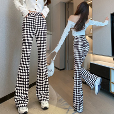 批发2026年春款菱形格纹喇叭<b class='q'>裤</b>子女微喇叭高腰显瘦修身印花长<b class='q'>裤</b>子