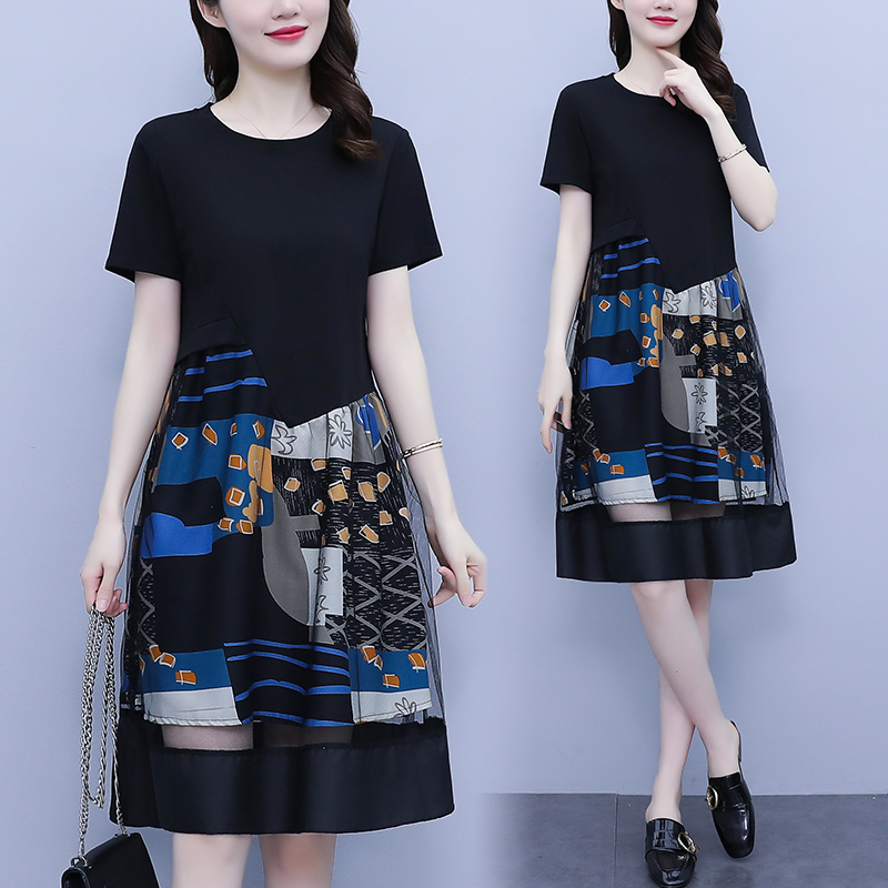 MY3756# 夏季新品洋气遮肚显瘦网纱拼接减龄雪纺连衣裙女裝貨源服裝批發