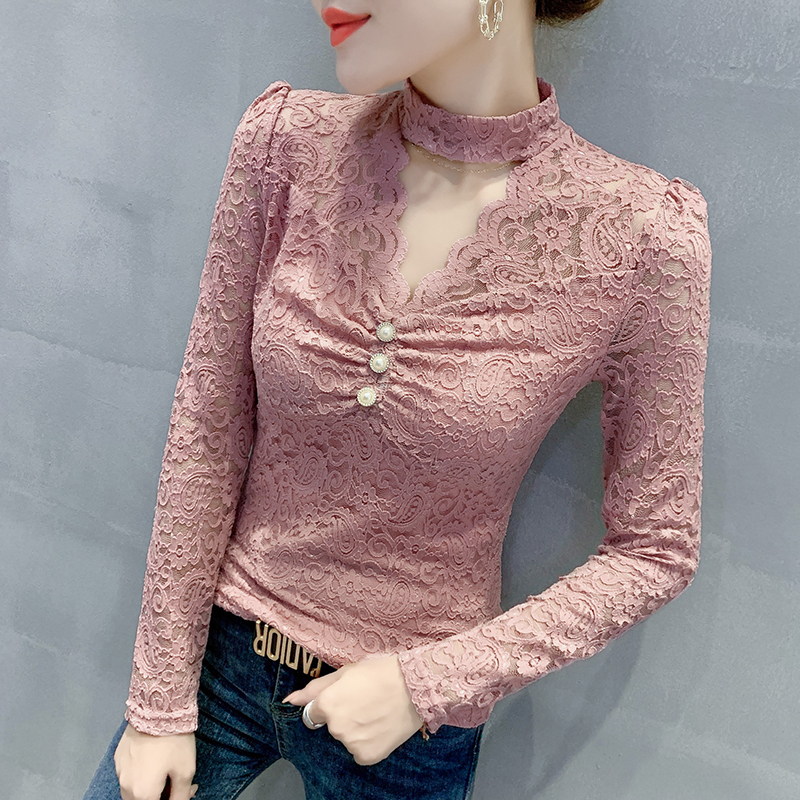 섹시함 홀로우 아웃 V넥 레이스 셔츠 여성 긴 소매 가을 의상 새로운 외국 가스 맨위 인사이드 가져 가라. 몸매 가꾸기 기본 셔츠