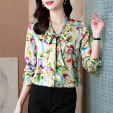 批发实拍 真丝衬衫<b class='q'>女</b><b class='q'>长袖</b>2026春装v领蝴蝶结飘带洋气妈妈桑蚕丝上衣