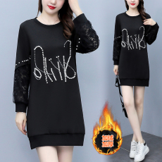 批发实拍大码2025年冬季新款加绒加厚圆领钉珠时尚长袖卫衣<b class='q'>连衣裙</b>