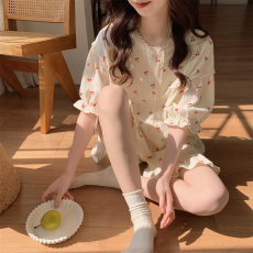 批发实拍夏季甜美印花ins樱桃少女日系柔软短袖睡衣家居服