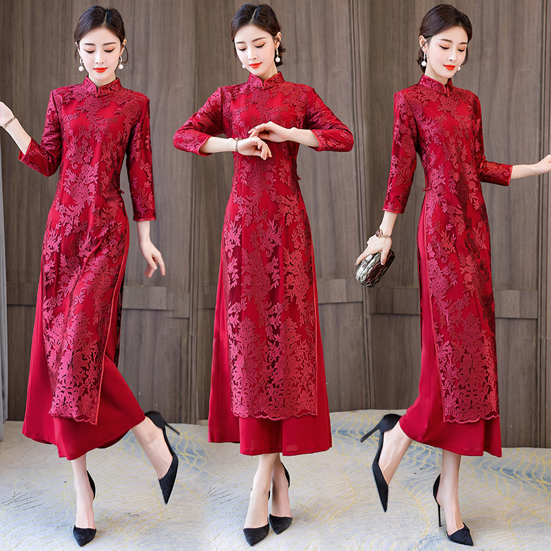 MY70248# 旗袍敬酒服喜婆婆婚宴装新款七分袖结婚礼服妈妈蕾丝绣花奥黛...