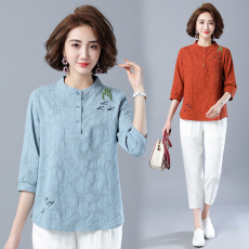 批发实拍2026春夏<b class='q'>七分袖</b><b class='q'>t</b><b class='q'>恤</b>女宽松大码提花衬衫洋气棉麻绣花上衣