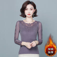 批发2025冬季新款圆领蕾丝<b class='q'>打底衫</b>女长袖网纱低领加绒<b class='q'>妈妈</b>装