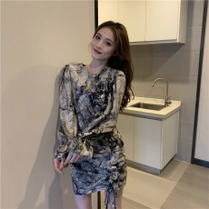 批发实拍实价 法式复古扎染抽绳木耳边修身显瘦<b class='q'>长袖</b>包臀<b class='q'>连衣裙</b>