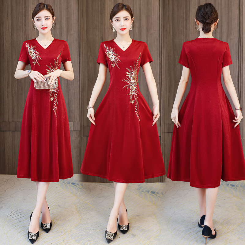 RY5306# 气质V领短袖年轻婚宴礼服连衣裙夏季重工亮片婚礼改良旗袍裙