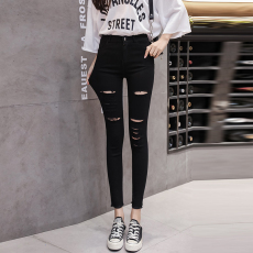 批发5708#春夏薄款毛边多<b class='q'>破洞</b><b class='q'>打底裤</b>女外穿修身九分学生小脚开叉裤子