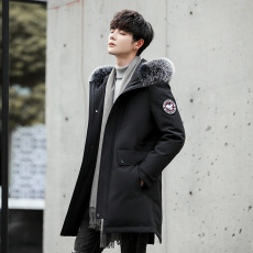 批发新款男装中长款加厚宽松大毛领羽绒服潮时尚修身款白鸭绒青年外套