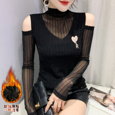 批发实拍2021欧洲站新款加绒加厚保暖镂空露肩秋冬季女<b class='q'>长袖</b>上衣带<b class='q'>饰品</b>