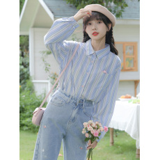 批发实拍宽松长袖日系蓝色条纹<b class='q'>衬衫</b>女设计感小众206春装上衣小个子