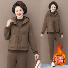 批发年轻妈妈秋<b class='q'>冬</b>装加绒加厚外套中老年运动套装女中年大码上衣三件套