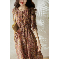 批发甜美优雅缤纷<b class='q'>碎花</b><b class='q'>衬衫</b>式系带桑蚕丝连衣裙