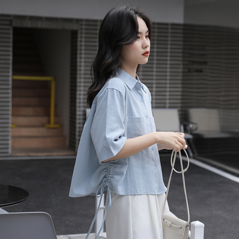 실사 2026 년 여름 새로운 레이스업 인터넷 색상 chic 문예 레트로 루즈핏 반팔 작은 대중 셔츠
