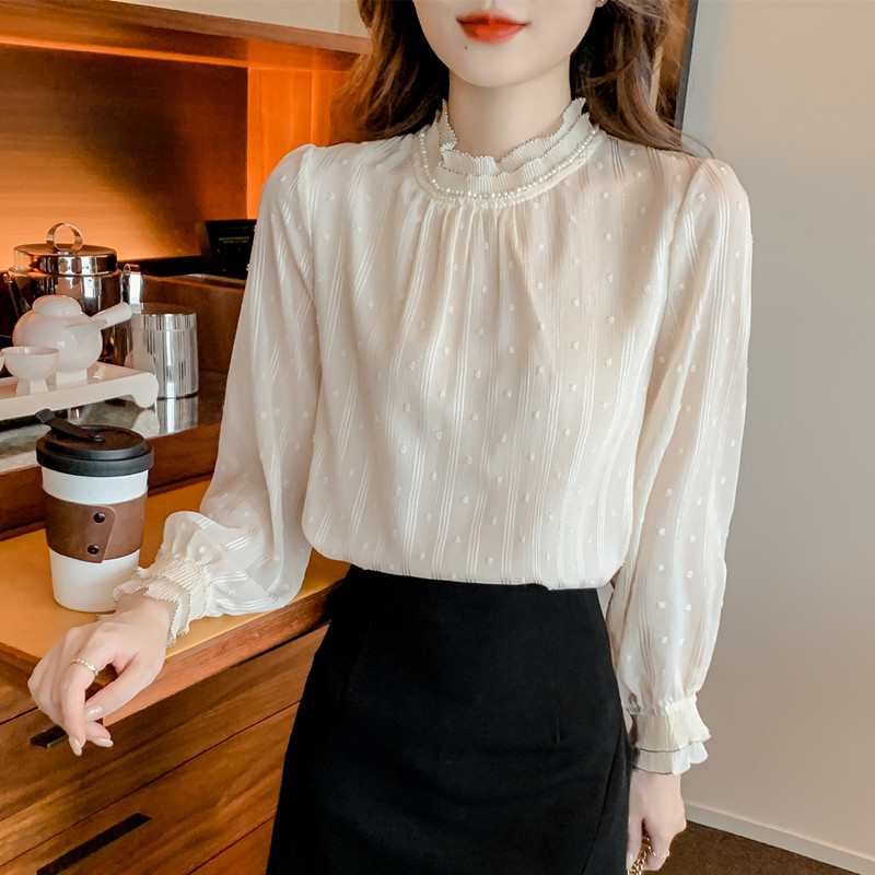MY13481# 新款纯色花边立领上衣设计感长袖法式珠子衬衫女女裝貨源服裝批發