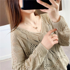 批发春夏季v领镂空<b class='q'>针织衫</b>上衣女薄款韩版宽松罩衫毛衣<b class='q'>打底衫</b>潮