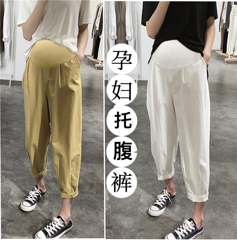 여름과 가을 ins 트렌디 새로운 모방 데님 비스듬한 모래 워시 슬림해 보이는 표지 고기 빛 요리 한 바람 소금 부서 임산부 9 포인트 복부 지지 바지