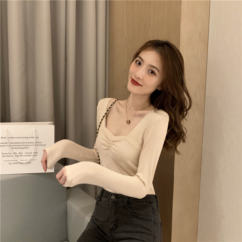 실사 정가 레트로 chic 낮은 가슴 섹시함 광장 칼라 몸매 가꾸기 슬림해 보이는 단색 긴팔 티셔츠 맨위