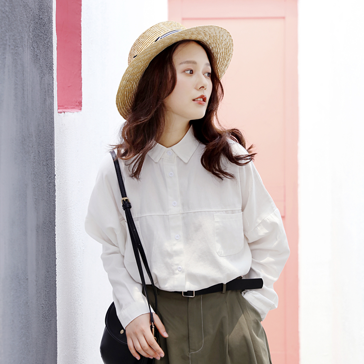 실사 문예 작은 청신 다용도 단색 긴팔 더블 주머니 싱글 줄 버튼 여성 셔츠 루즈핏 학생 맨위 트렌디