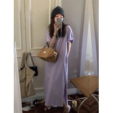 批发05505#夏季纯棉短袖下摆开叉小众大码宽松<b class='q'>连衣</b>裙女口袋设计感<b class='q'>长裙</b>