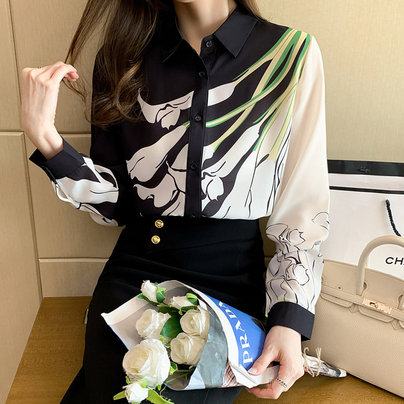 MY16933# 洋气休闲新款女装翻领花朵雪纺衫上衣开衫衬衫打底衫衬衣女裝...