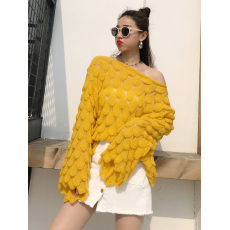 批发实拍<b class='q'>夏</b>季镂空慵懒风学生宽松毛针织衫女装套头薄款喇叭袖毛衣上衣