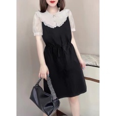 批发大码女装胖mm假两件撞色娃娃领<b class='q'>连衣裙</b>夏季气质显瘦高级感衬衫裙子