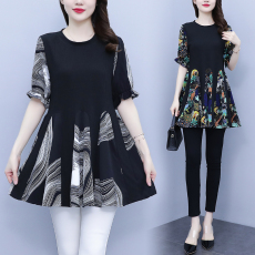 批发实拍2022夏季新款pmm短袖上衣遮肚显瘦时尚大码女装宽松T恤上衣